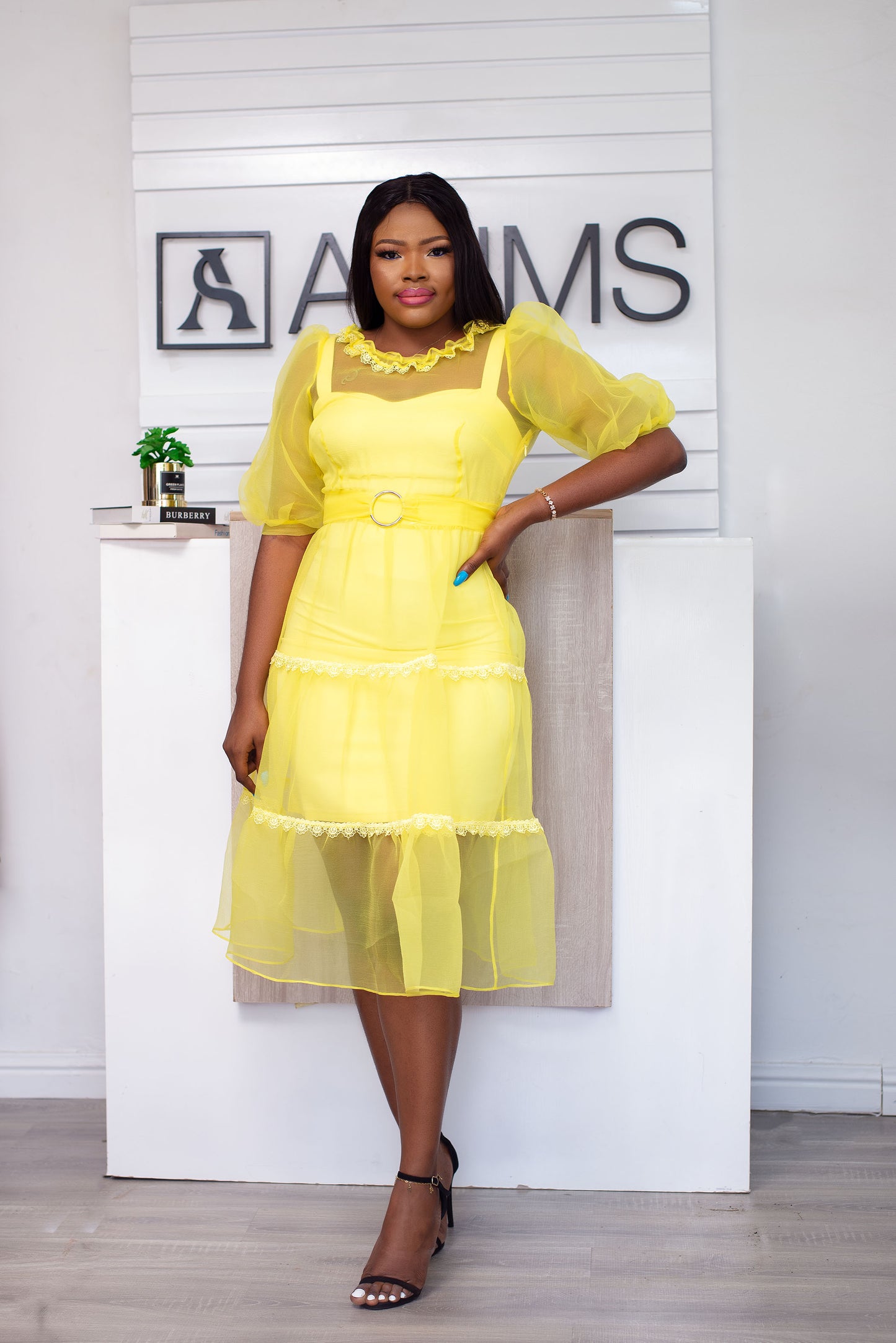 Yellow Midi Dress with Belt Stylish semi-sheer midi dress
