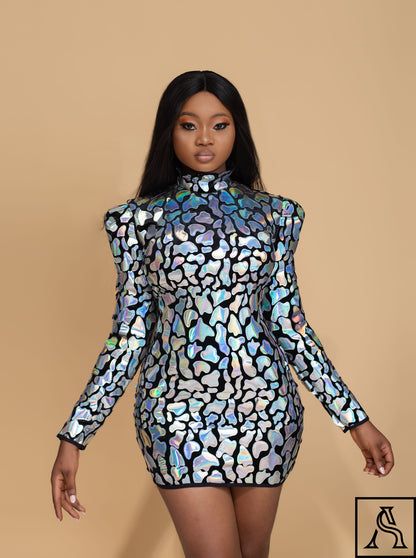 Holographic Patterned Mini Dress Elegant Party Wear