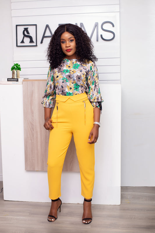 Floral Print Blouse and Mustard Pants Stylish and Trendy Women's Outfit