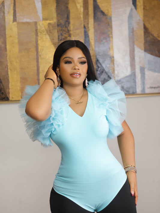 Sky Blue Ruffled Sleeve Bodysuit Elegant and stylish bodysuit with unique ruffled sleeves