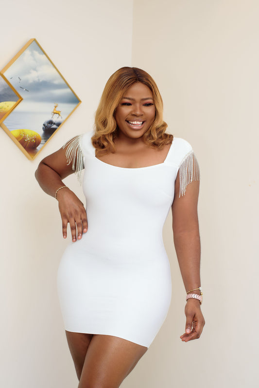 White Bodycon Dress Stunning white bodycon dress with fringe details