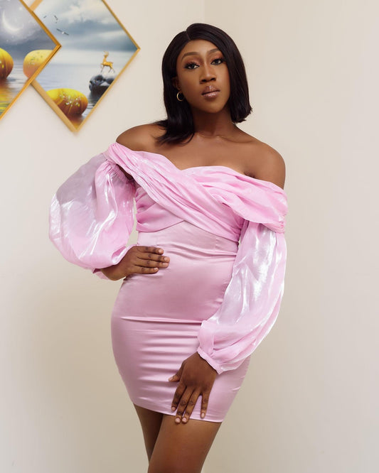 Satin Pink Chic and Stylish Off-Shoulder Dress with Puff Sleeves