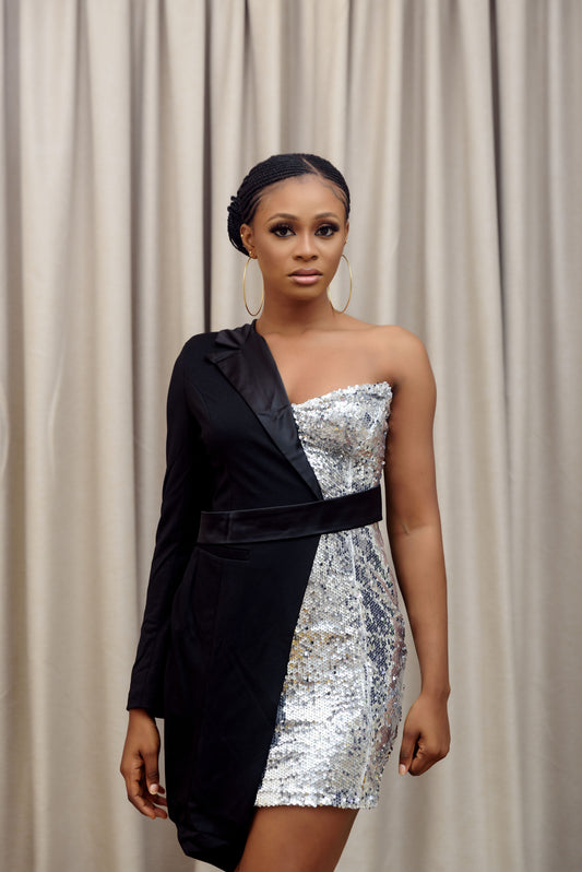 Chic Asymmetrical Dress Elegant silver and black evening wear