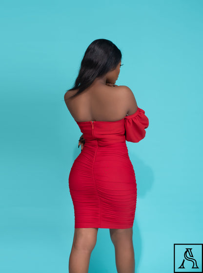 Elegant Red Bodycon Dress Chic Off-Shoulder Puff Sleeve Dress