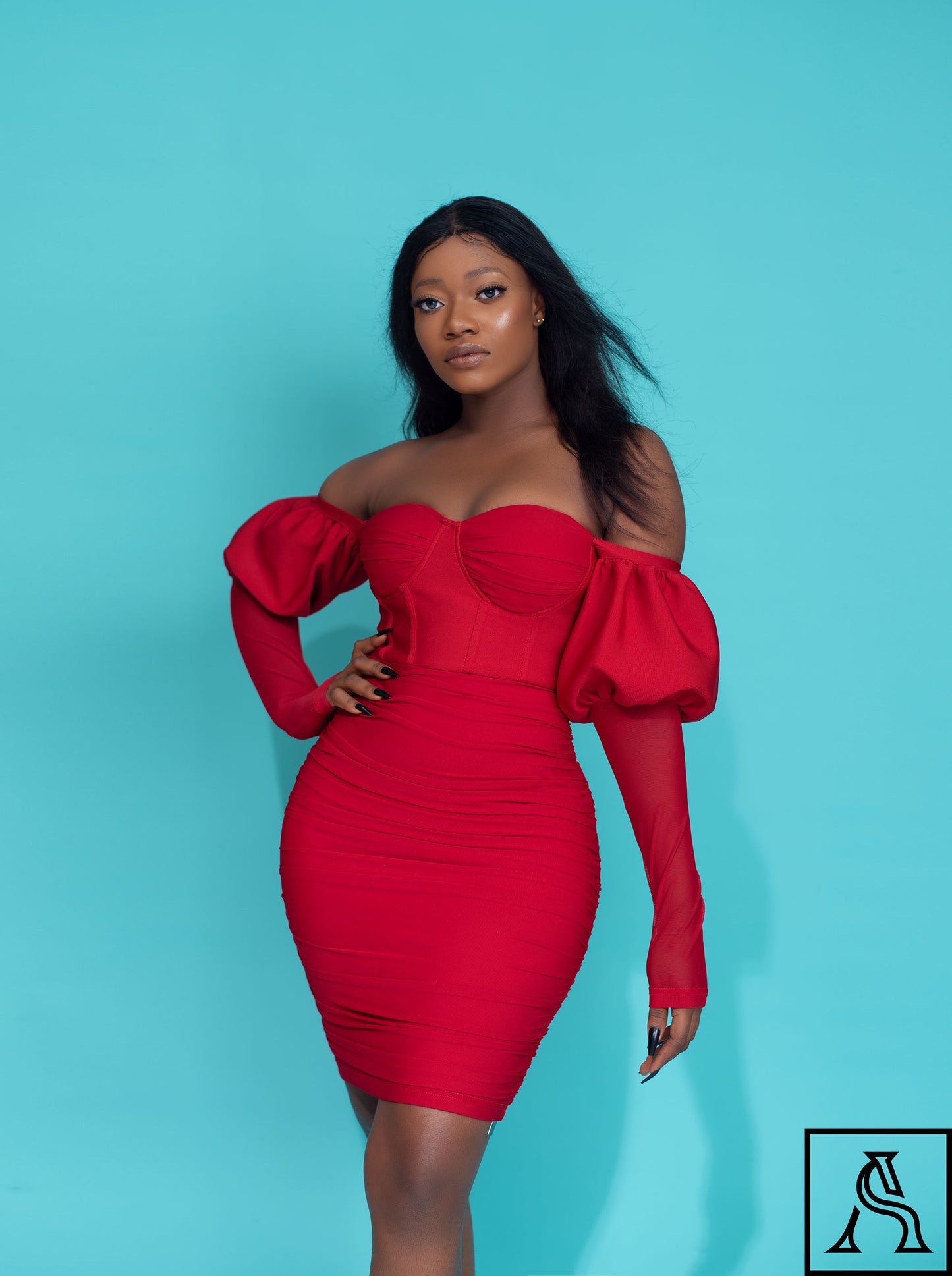 Elegant Red Bodycon Dress Chic Off-Shoulder Puff Sleeve Dress