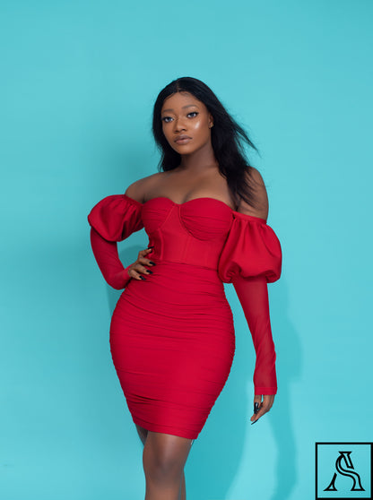 Elegant Red Bodycon Dress Chic Off-Shoulder Puff Sleeve Dress