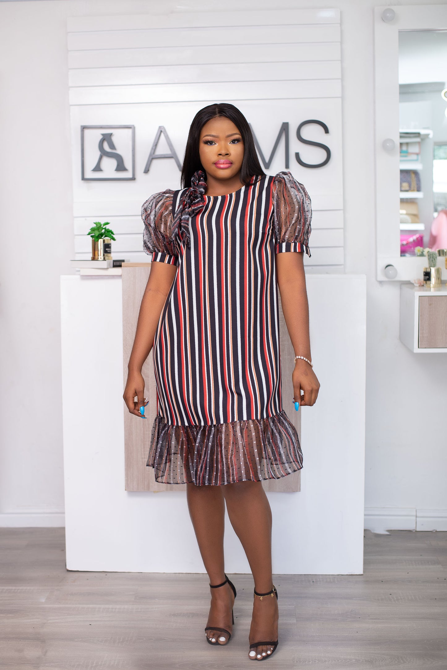 Striped Puff Sleeve Dress Elegant and Stylish Women's Wear